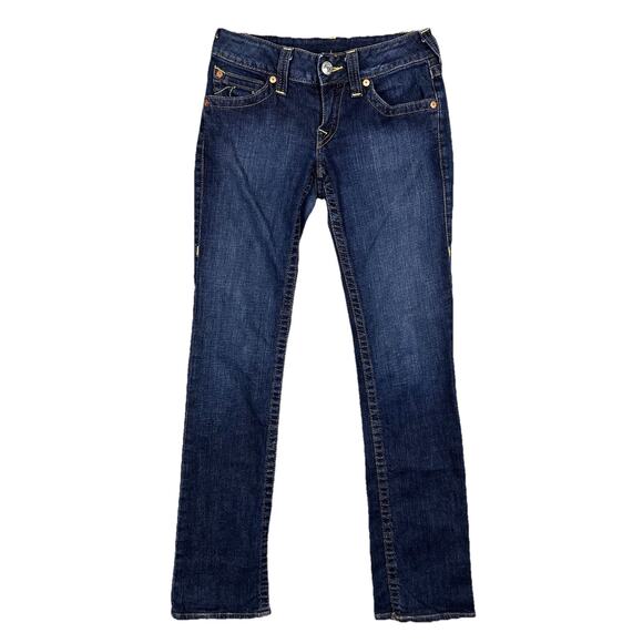 True Religion Jeans Womens 28 Straight Leg Dark Wash USA Yellow Stitch Flap Pkt - Picture 2 of 12